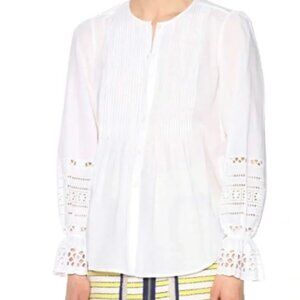 Veronica Beard Milli White Long Eyelet Sleeve Button Up Collarless Blouse NWT